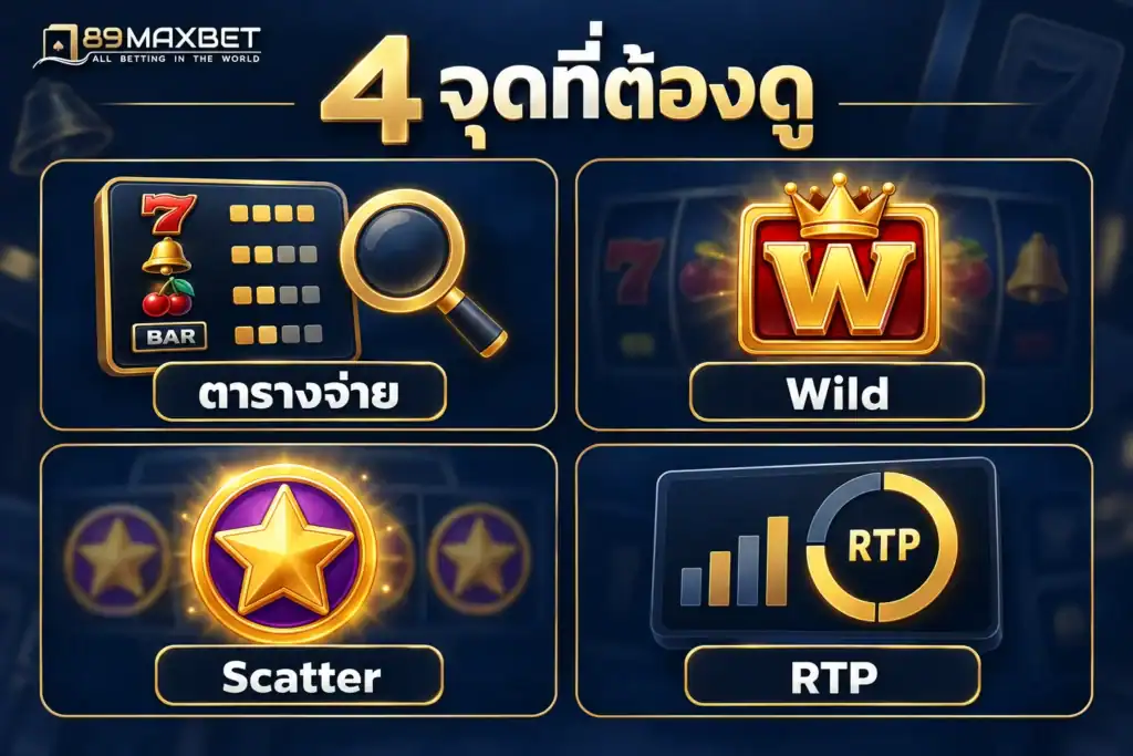 สรุป 4 จุดที่ควรอ่านในตารางการจ่าย ได้แก่ ตารางจ่าย Wild Scatter และ RTP