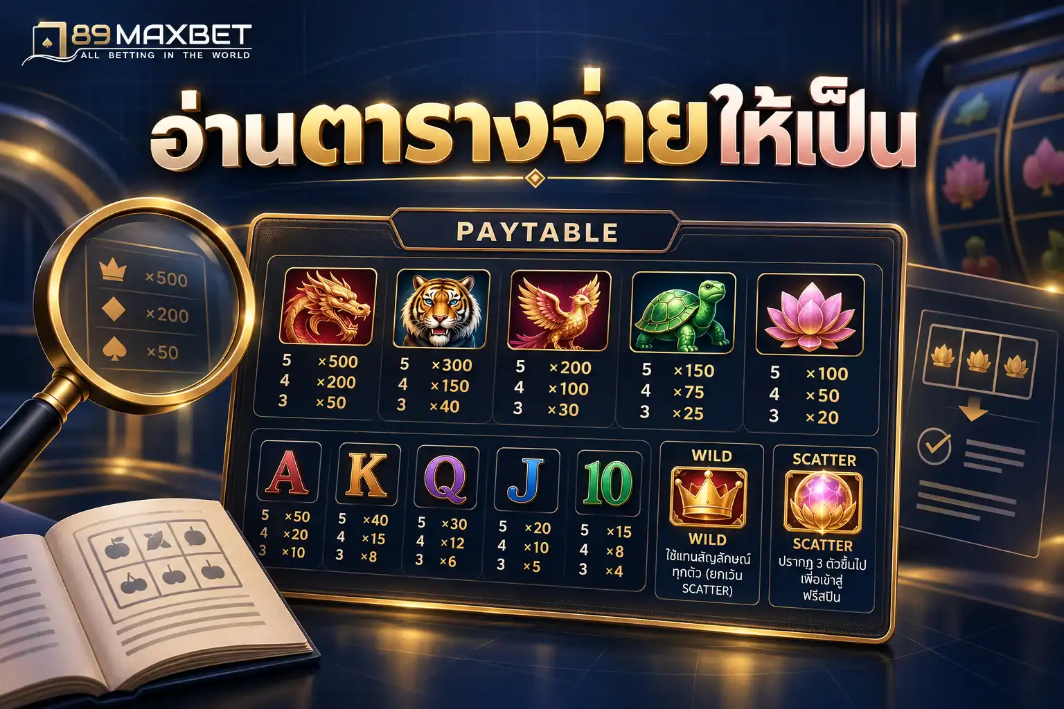 ตารางการจ่ายเกมสล็อต อธิบายสัญลักษณ์ Wild Scatter และ RTP